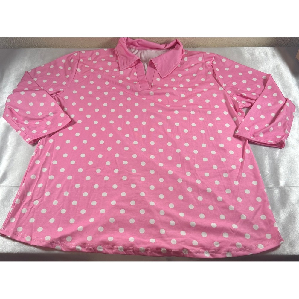 Pink White Polka Dot Split V-Neck Collar Blouse 3/4 Sleeve Top 2XL
